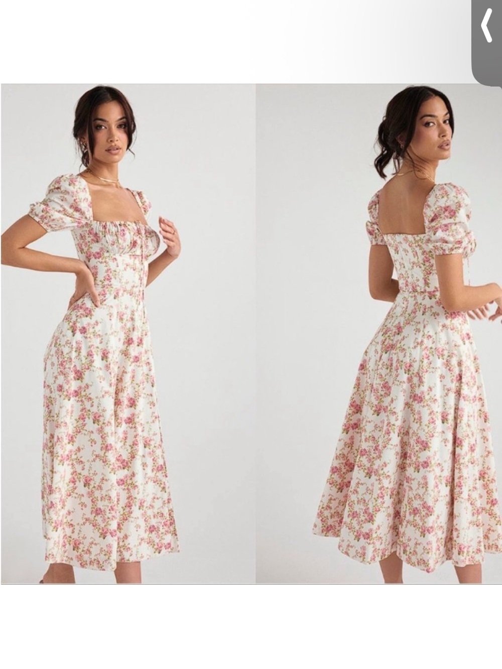 House of CB- Floral Puff-Sleeve Midi Dress - White with Pink Floral, size L